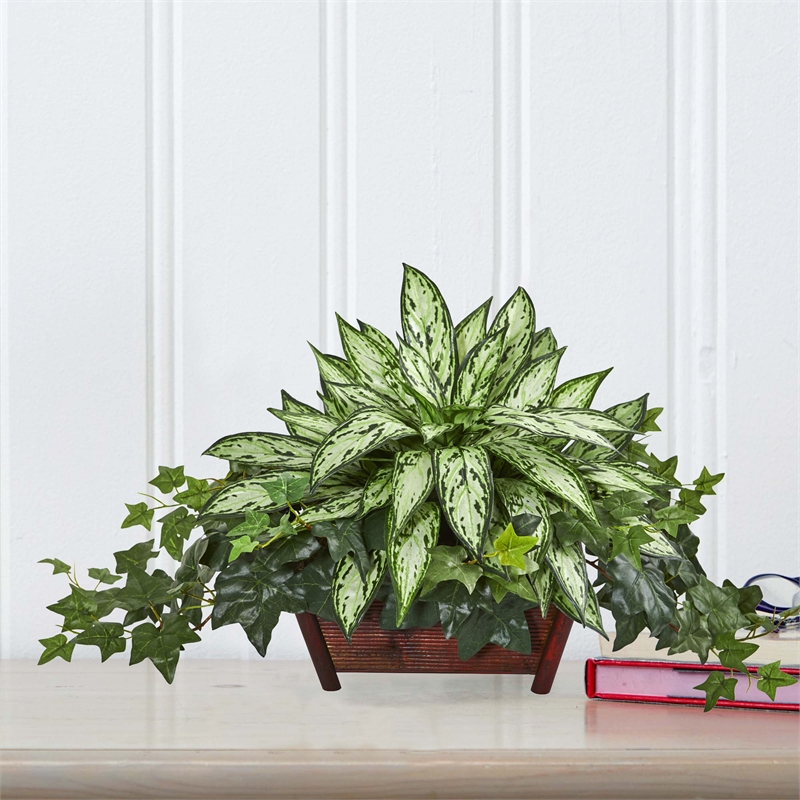 Nearly Natural Silver Queen and Ivy Artificial Plant in Decorative Planter