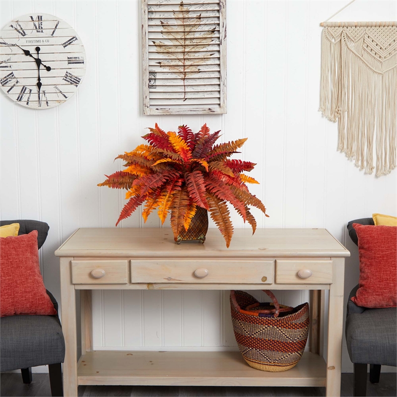 Nearly Natural Autumn Boston Fern Artificial Plant in Metal Planter in Red