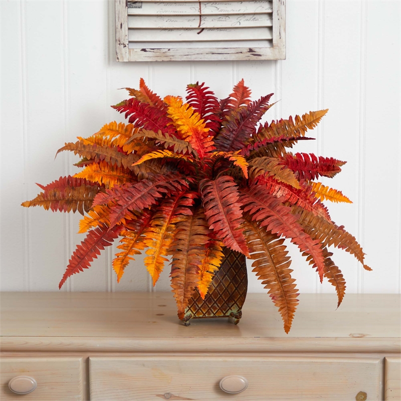 Nearly Natural Autumn Boston Fern Artificial Plant in Metal Planter in Red