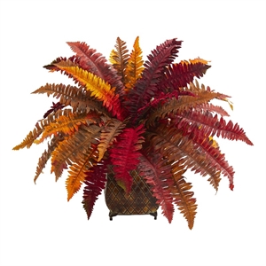 Nearly Natural Autumn Boston Fern Artificial Plant in Metal Planter in Red