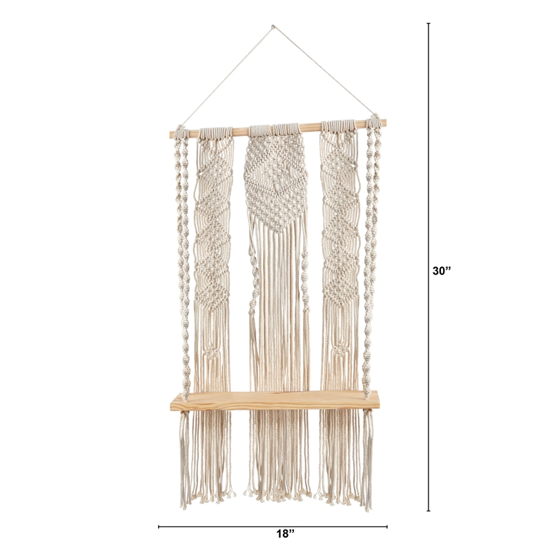 Nearly Natural 2.5ft x 1.5ft Layered Macrame Wall Hanging w/ Wooden Shelf