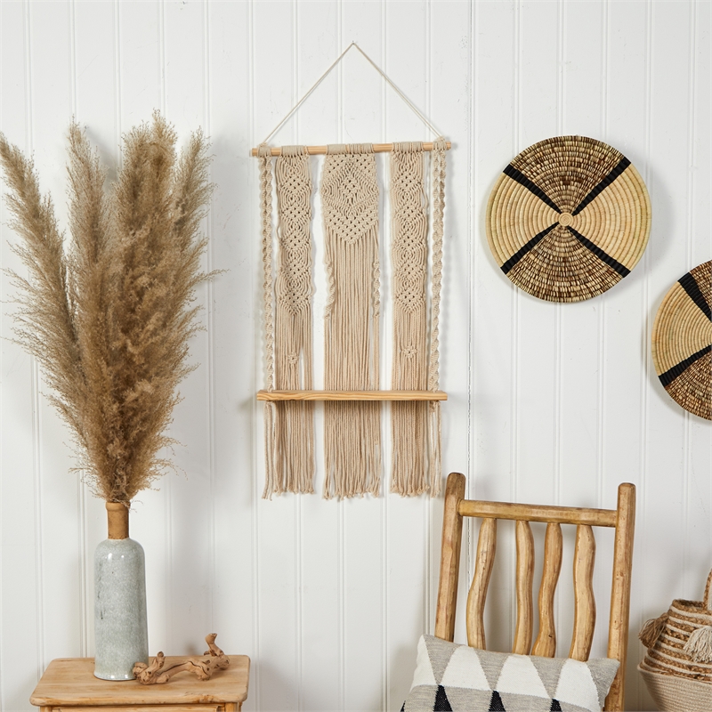 Nearly Natural 2.5ft x 1.5ft Layered Macrame Wall Hanging w/ Wooden Shelf