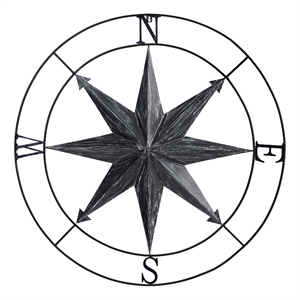 Nearly Natural 40&quot Washed Nautical Metal Compass Wall Art Decor in Black