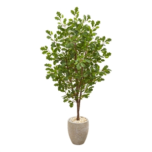 Nearly Natural 69&quot Oak Artificial Tree in Sand Colored Planter in Green