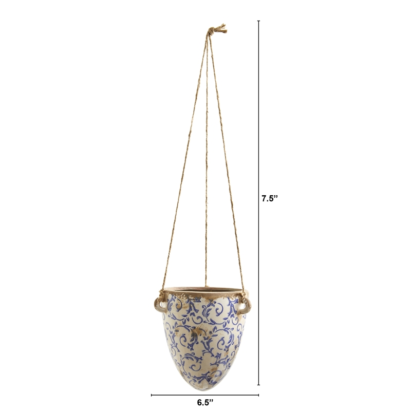 Nearly Natural 2ft Tuscan Hanging Ceramic Scroll Planter in Blue