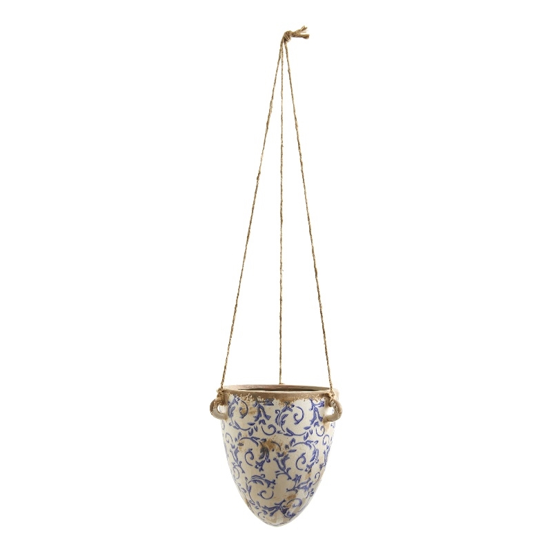 Nearly Natural 2ft Tuscan Hanging Ceramic Scroll Planter in Blue