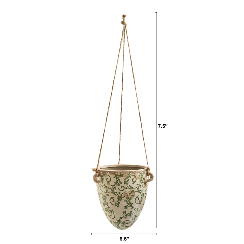 Nearly Natural 2ft Tuscan Hanging Ceramic Scroll Planter in Green