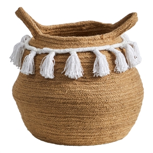 Nearly Natural 11&quot Boho Chic Handmade Cotton Woven Basket Planter with Tassels