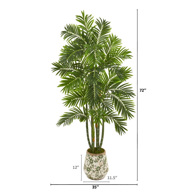 Nearly Natural 6ft Areca Palm Artificial Tree in Vintage Green Floral Planter