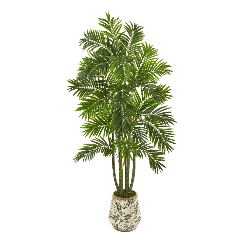 Nearly Natural 6ft Areca Palm Artificial Tree in Vintage Green Floral Planter