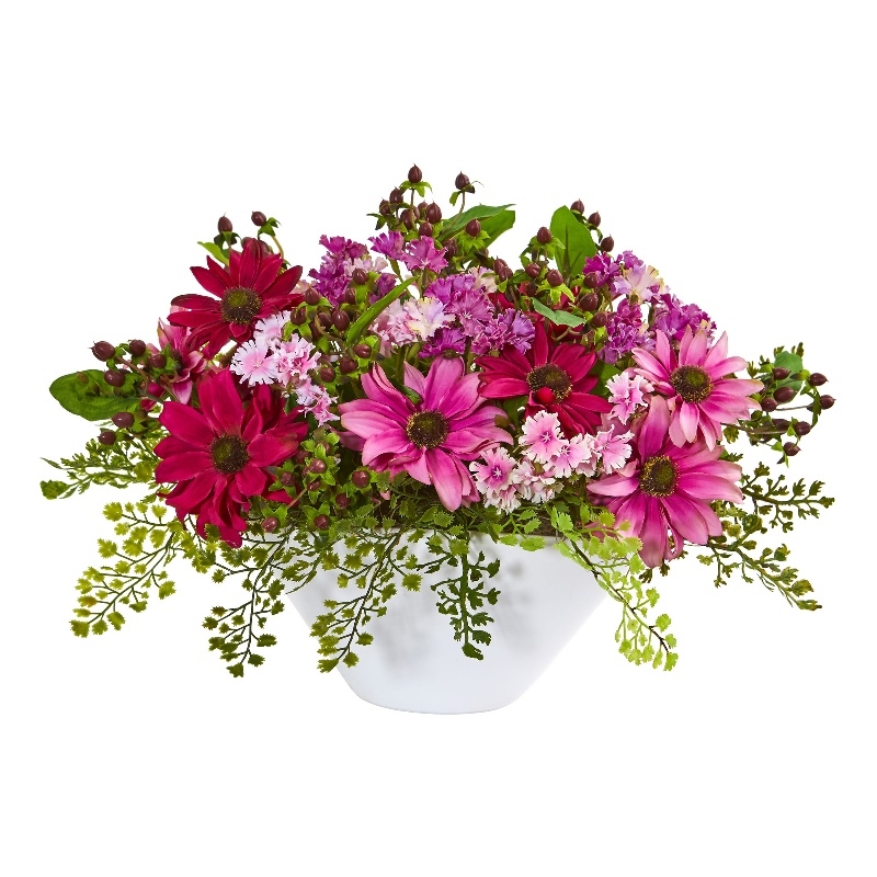 Nearly Natural Daisy Artificial Arrangement in White Vase in Pink