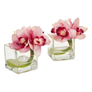 Nearly Natural Cymbidium Orchid Artificial Arrangement in Glass Vase (Set of 2)