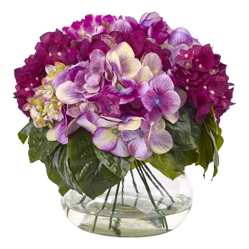 Nearly Natural Multi-Tone Beauty Hydrangea with Round Glass Vase in Pink