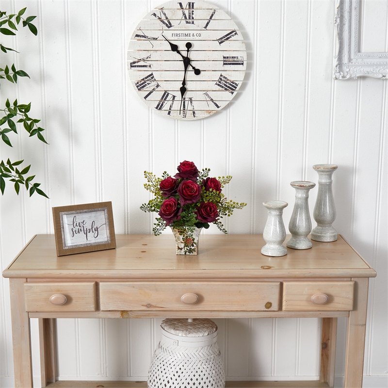 Nearly Natural Rose & Maiden Hair with Floral Planter in Red