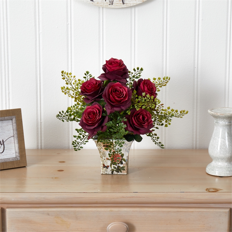 Nearly Natural Rose & Maiden Hair with Floral Planter in Red