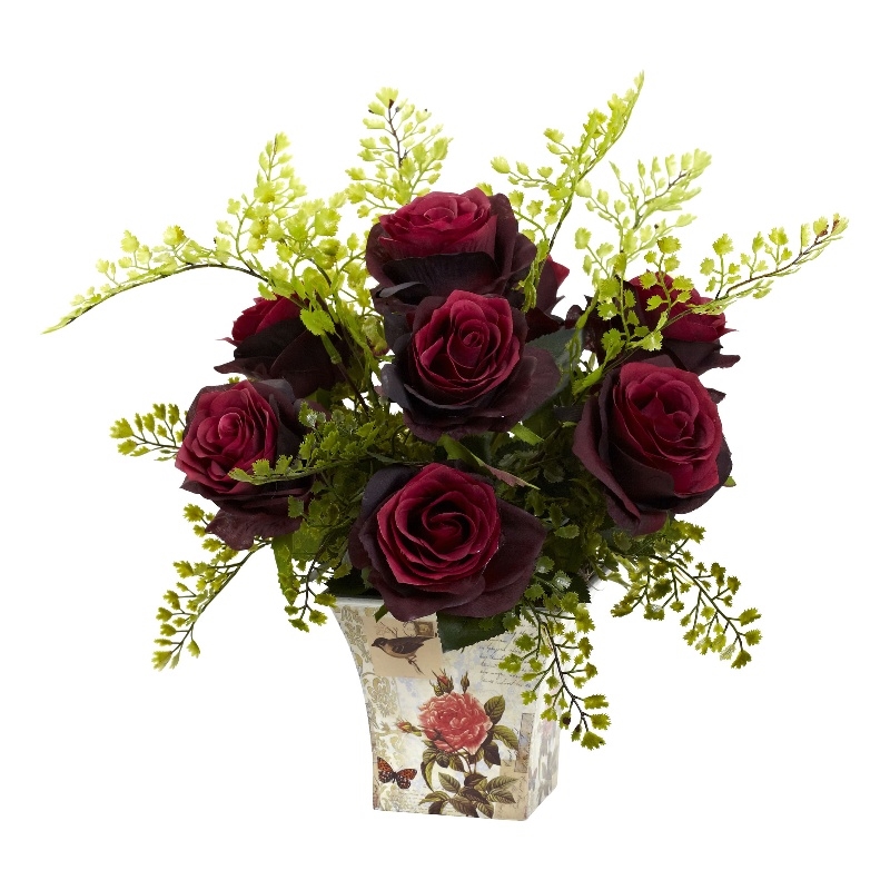 Nearly Natural Rose & Maiden Hair with Floral Planter in Red