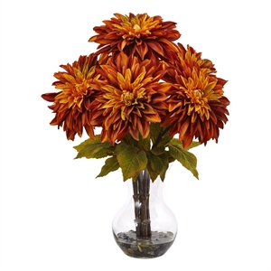 Nearly Natural Dahlia Silk Arrangement with Glass Vase in Orange