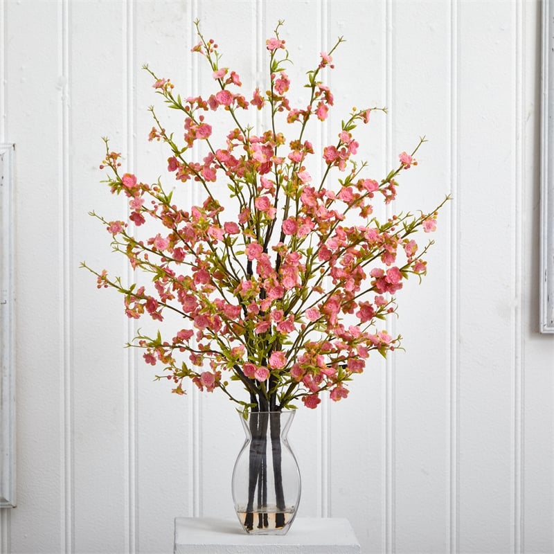 Nearly Natural Cherry Blossom in Glass Vase in Pink