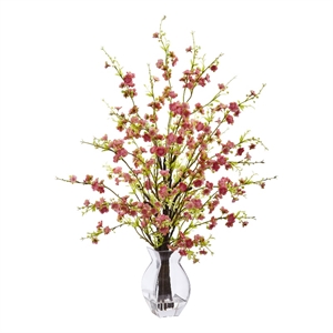 Nearly Natural Cherry Blossom in Glass Vase in Pink
