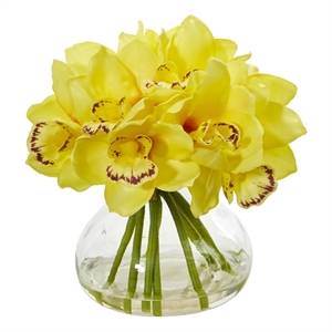 Nearly Natural Cymbidium Orchid Artificial Arrangement in Glass Vase in Yellow