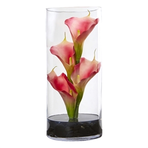 Nearly Natural 12&quot Calla Lily Artificial Arrangement in Cylinder Glass Vase