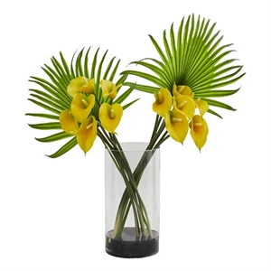 Nearly Natural Calla Lily & Fan Palm Artificial in Cylinder Glass Vase