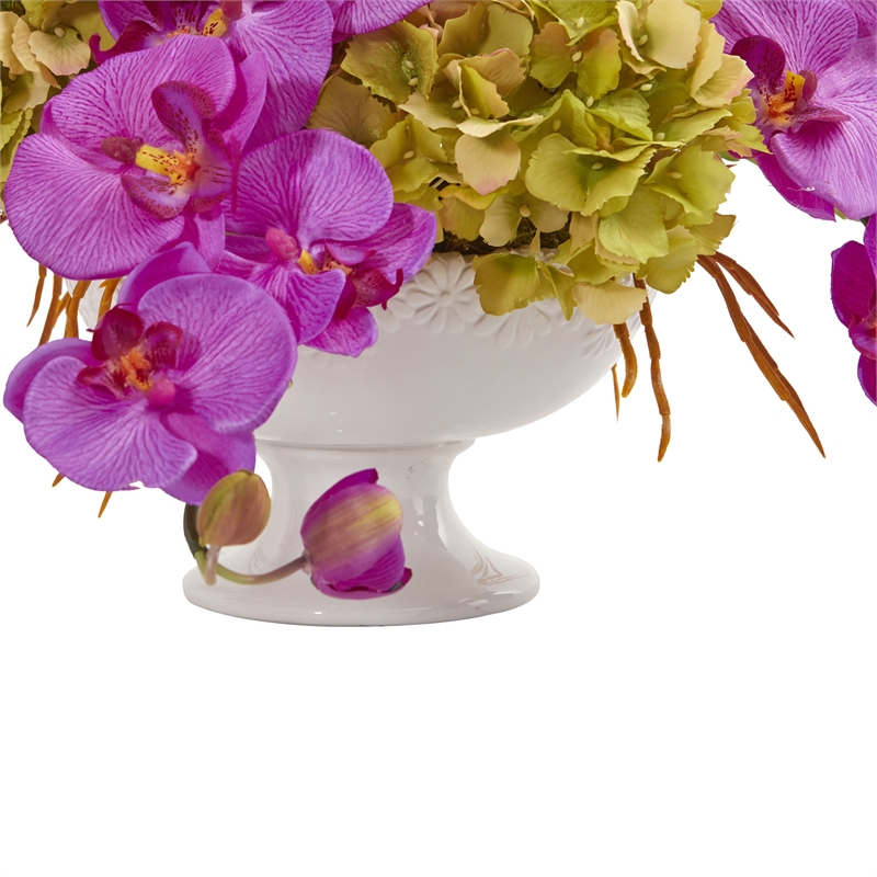 Nearly Natural Phalaenopsis & Hydrangea Artificial Arrangement in Pedestal Urn
