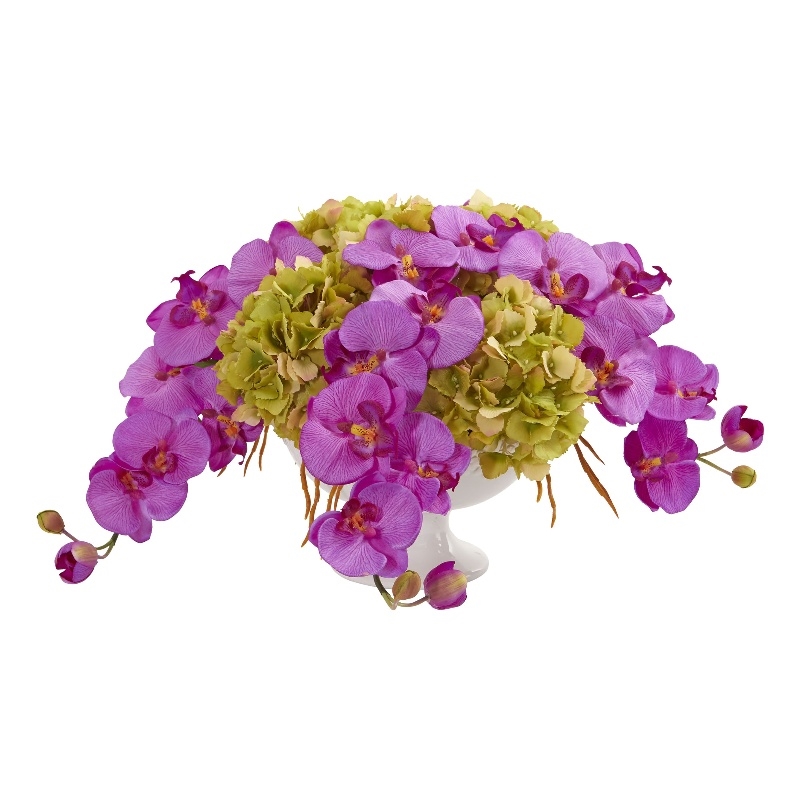 Nearly Natural Phalaenopsis & Hydrangea Artificial Arrangement in Pedestal Urn