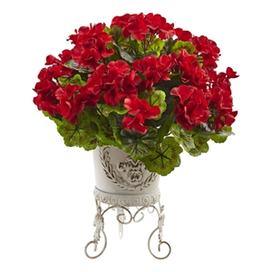 Nearly Natural Geranium with Metal Planter UV Resistant (Indoor/Outdoor) in Red