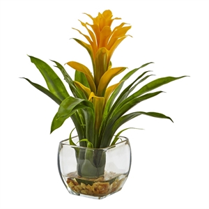 Nearly Natural Bromeliad with Glass Vase Arrangement in Yellow
