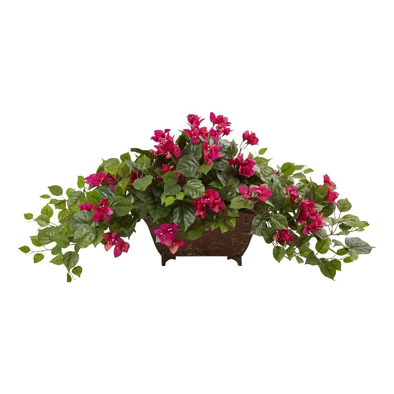 Nearly Natural Bougainvillea in Metal Planter in Pink