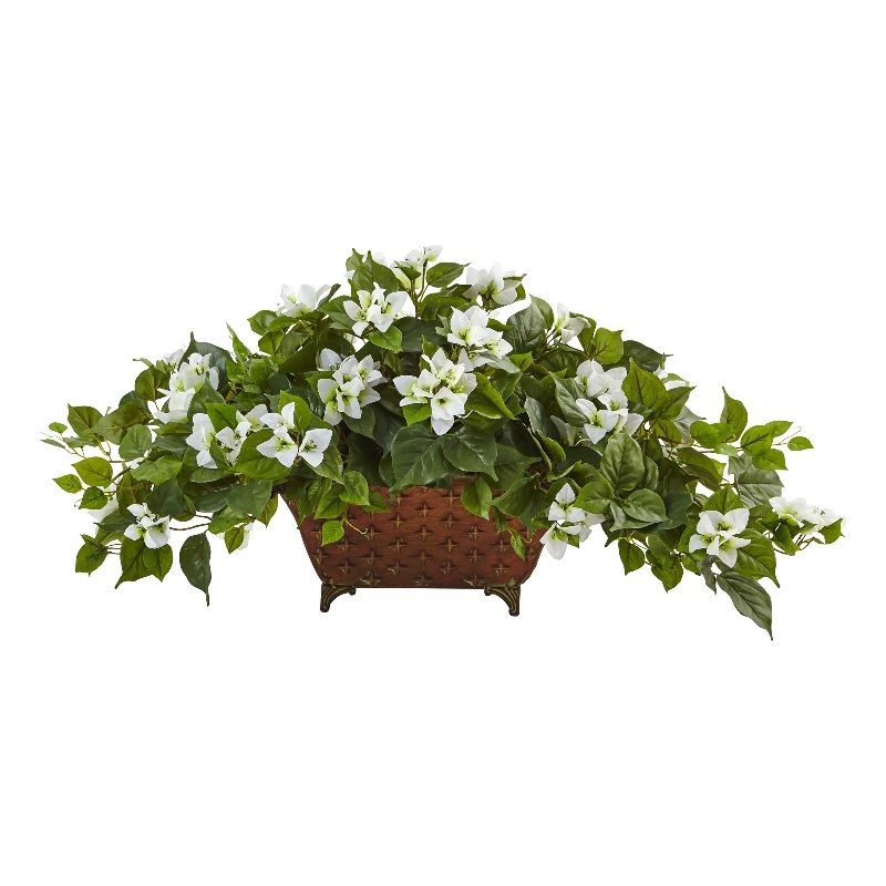 Nearly Natural Bougainvillea in Metal Planter in White