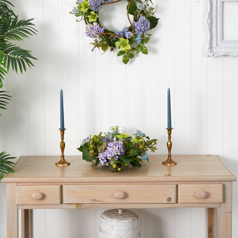 Nearly Natural Hydrangea Candelabrum Centerpiece in Blue
