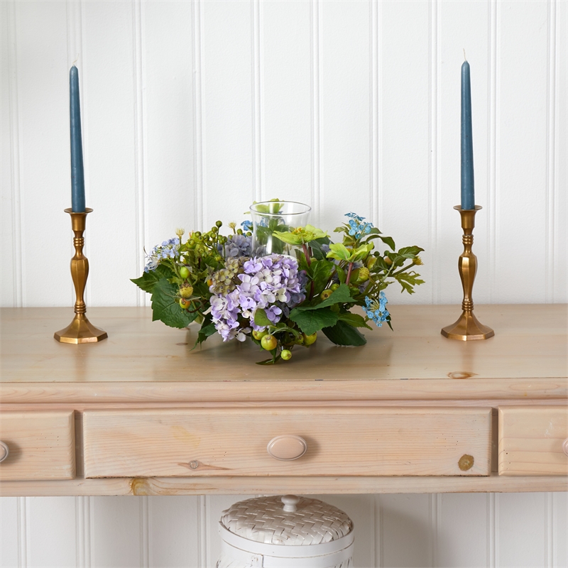 Nearly Natural Hydrangea Candelabrum Centerpiece in Blue