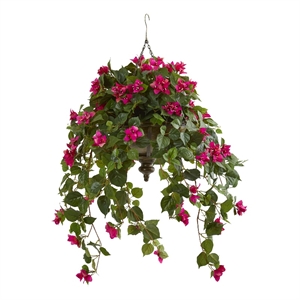 Nearly Natural 37&quot Bougainvillea Artificial Plant in Hanging Metal Bowl in Pink