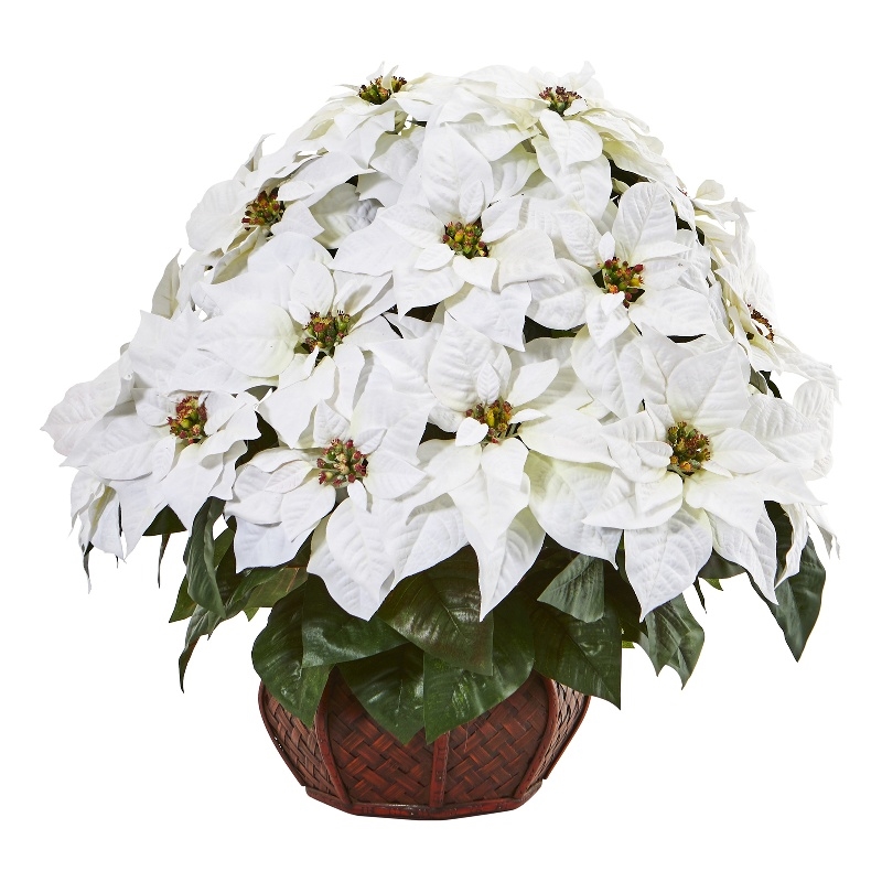 Nearly Natural Poinsettia Artificial Arrangement in Decorative Planter in White