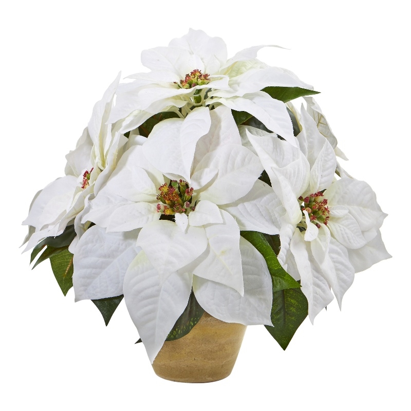 Nearly Natural Poinsettia Artificial Arrangement in Ceramic Vase in White