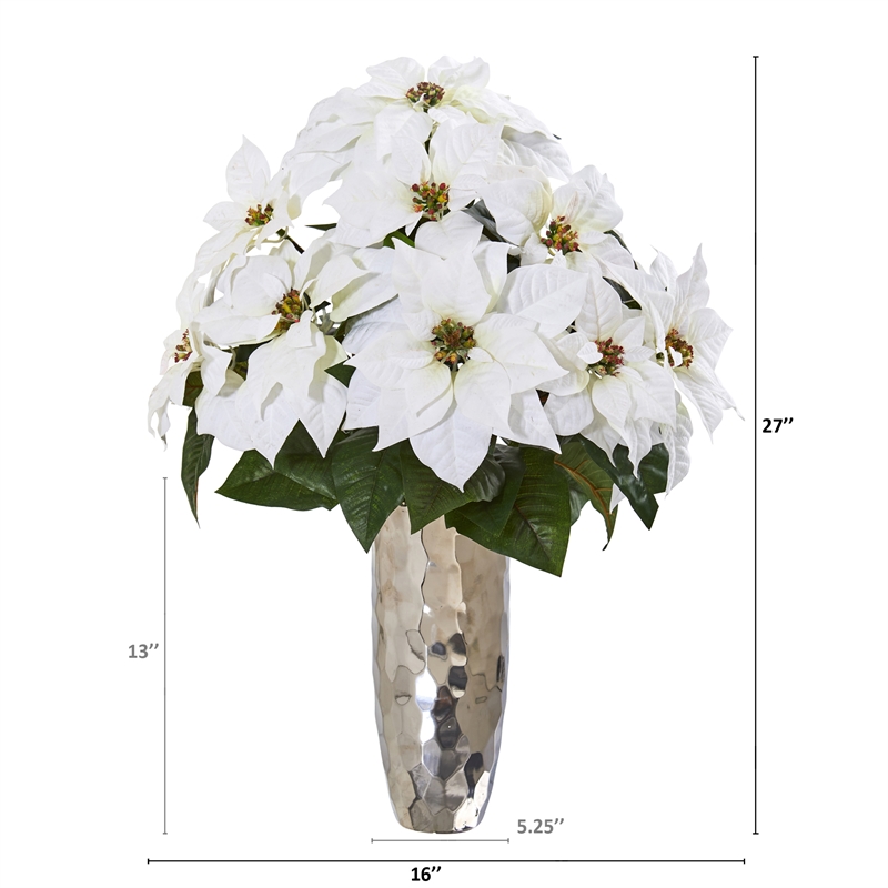 Nearly Natural Poinsettia Artificial Arrangement in Silver Vase in White