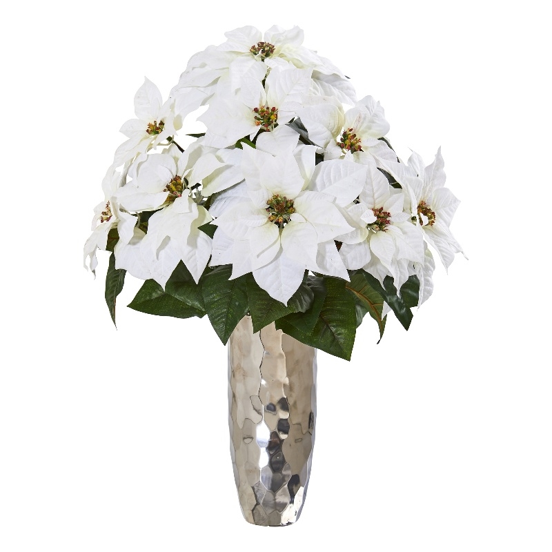 Nearly Natural Poinsettia Artificial Arrangement in Silver Vase in White