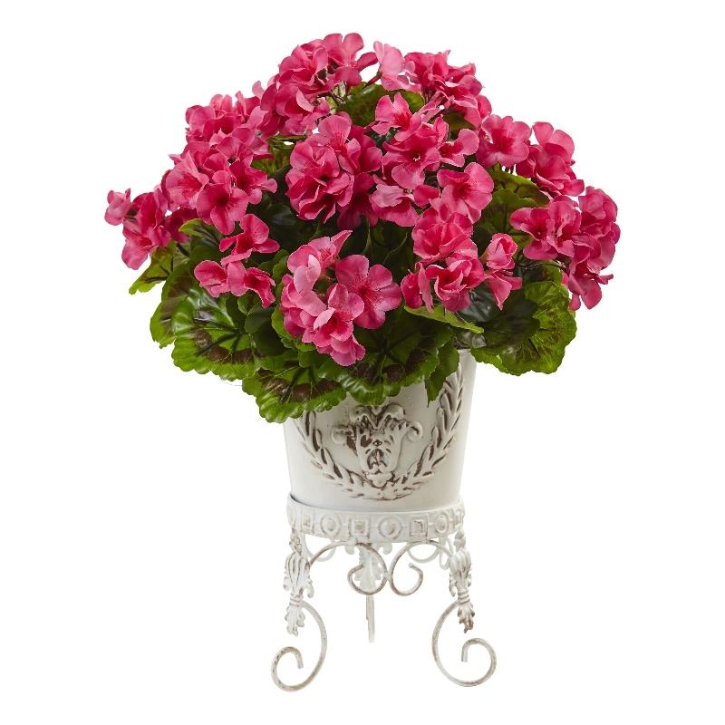 Nearly Natural Geranium with Metal Planter UV Resistant (Indoor/Outdoor) in Pink