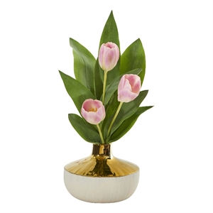 Nearly Natural 18&quot Tulip Artificial Arrangement in Gold & Cream Elegant Vase