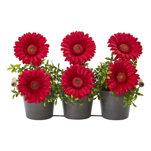 Nearly Natural 14&quot Gerbera Daisy Artificial Arrangement in Trio Metal Vase