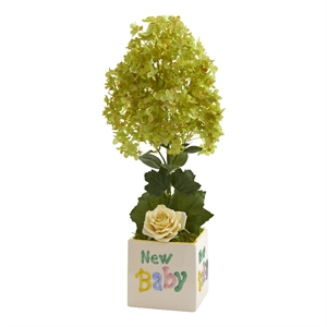 Nearly Natural 21&quot Peegee Hydrangea & Rose Artificial Arrangement in Baby Vase