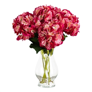Nearly Natural 20&quot Artificial Hydrangea Arrangement in Glass Vase in Pink