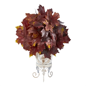 Nearly Natural 20&quot Autumn Maple Leaf Artificial Plant in Metal Planter in Red