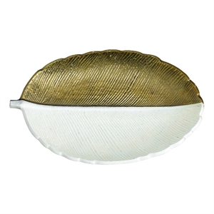 Nearly Natural 14&quot Gold and White Leaf Decorative Accent Tray in Gold