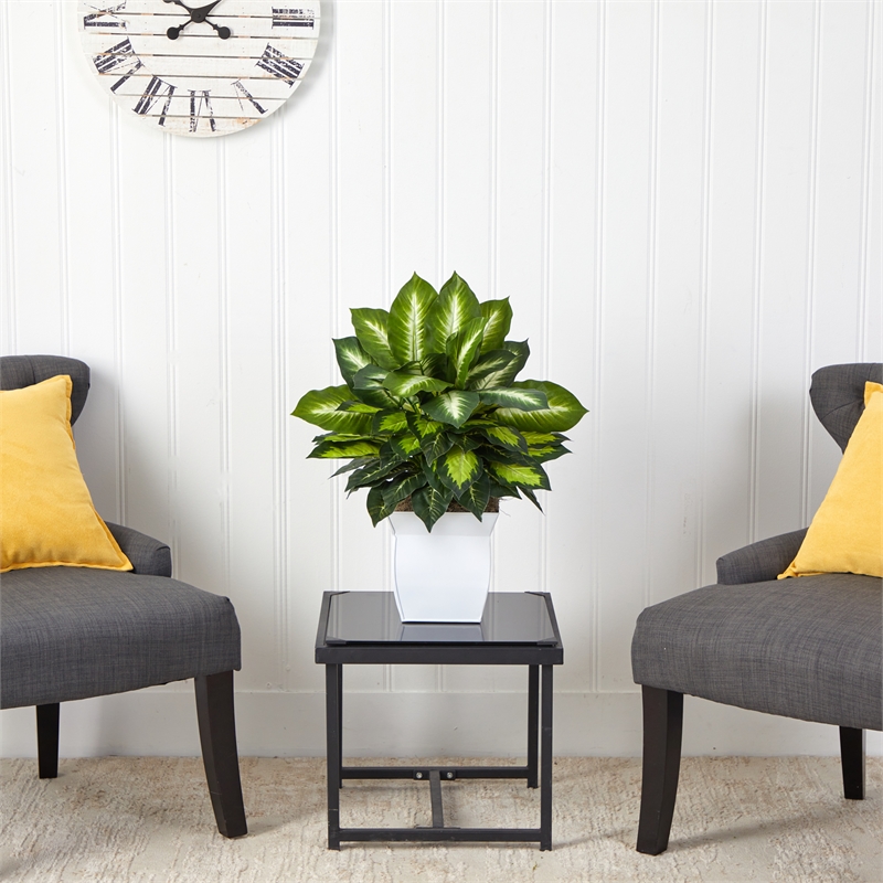 Nearly Natural 2ft Golden Dieffenbachia Artificial Plant in White Metal Planter