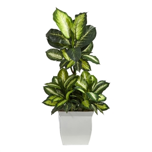 Nearly Natural 46&quot Golden Dieffenbachia Artificial Plant in White Metal Planter