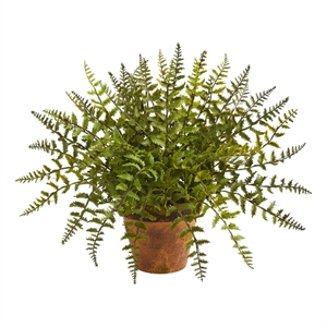 Nearly Natural 19&quot Leather Fern Artificial Plant in Decorative Planter in Green