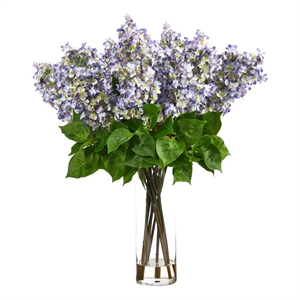 Nearly Natural 24&quot Artificial Lilac Arrangement w/ Cylinder Glass Vase in Purple